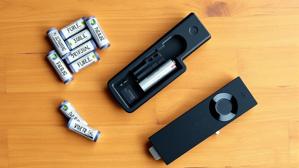 Flatlay photograph of AA batteries, a Fire Stick remote with battery compartment open, and a Fire Stick device arranged on a wooden table, showing proper battery installation setup