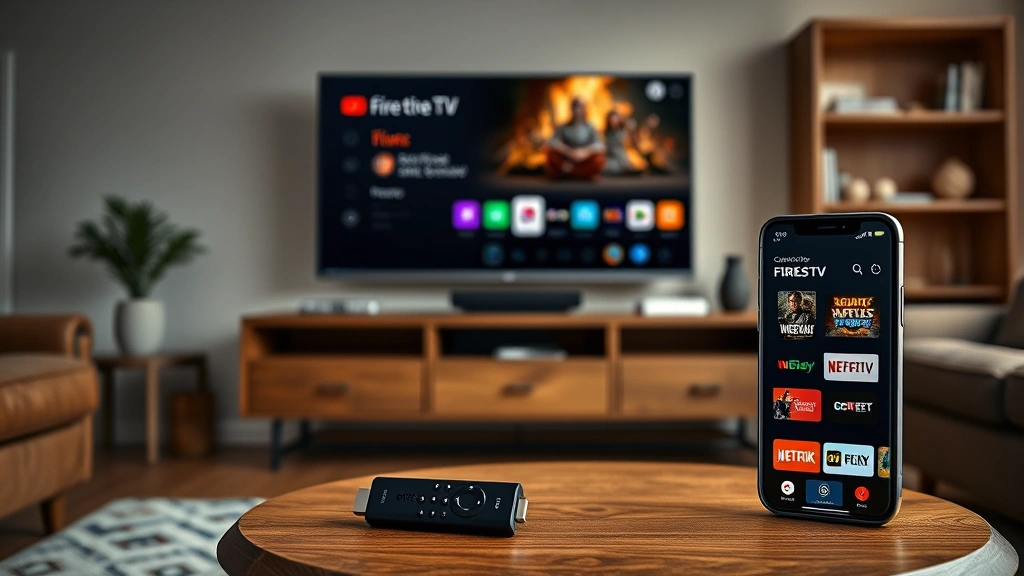 Wide shot of a living room entertainment setup with a Fire Stick device mounted behind a TV, a remote on a side table, and a smartphone displaying the Fire TV app interface, demonstrating the complete ecosystem