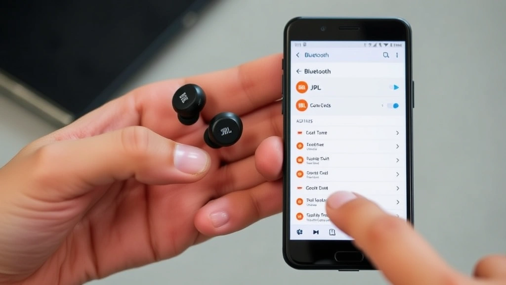 Person holding JBL earbuds in hand with smartphone displaying Bluetooth settings menu and connected devices list, finger pointing at JBL earbuds name on screen