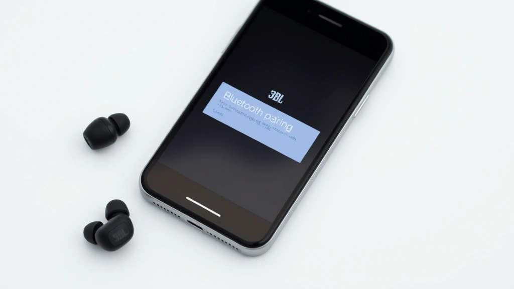 Side-by-side view of JBL earbuds and smartphone with Bluetooth pairing notification popup visible on phone screen, earbuds positioned near phone showing wireless connection concept