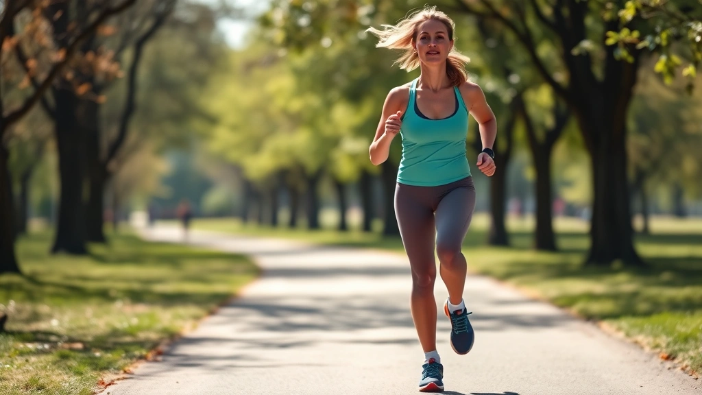 Person in fitness attire doing light exercise outdoors on a sunny day, jogging on a park path with trees in background, representing healthy lifestyle choices, natural daylight, no text or signage