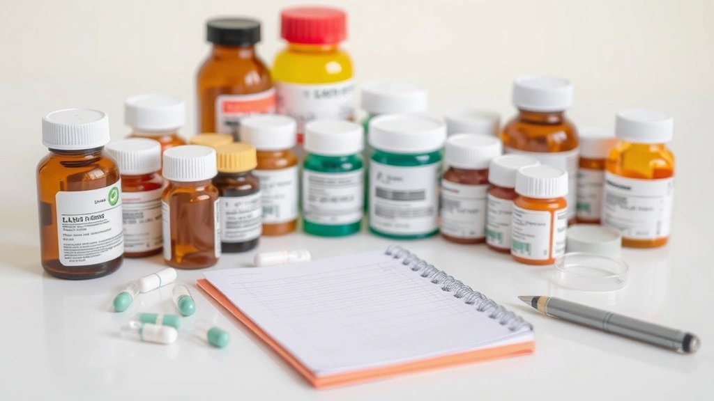 Organized medication bottles and prescription containers arranged on a clean surface with a notepad nearby, showing documentation and organization of healthcare items, neutral background, no visible prescription labels or text