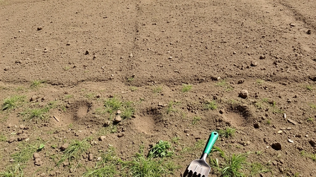 Wide view of prepared lawn area with fresh topsoil, smooth raked surface, and garden tools nearby ready for seeding