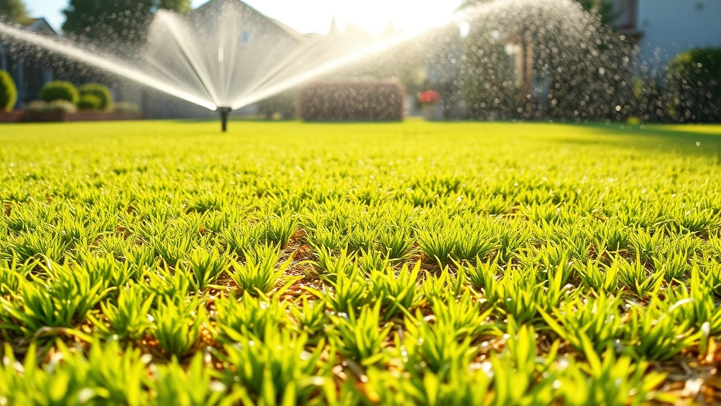 Newly seeded lawn with light straw mulch application, garden irrigation sprinkler in background, morning light