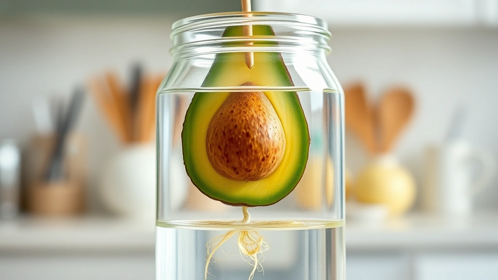 Clear glass jar with avocado seed suspended on toothpicks over water, showing white root emerging from bottom and brown seed coat, bright kitchen counter background