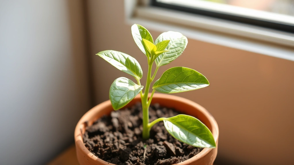 Young avocado seedling in small terracotta pot with potting soil, green shoot with first leaves visible, positioned near sunny window with natural light, healthy green foliage