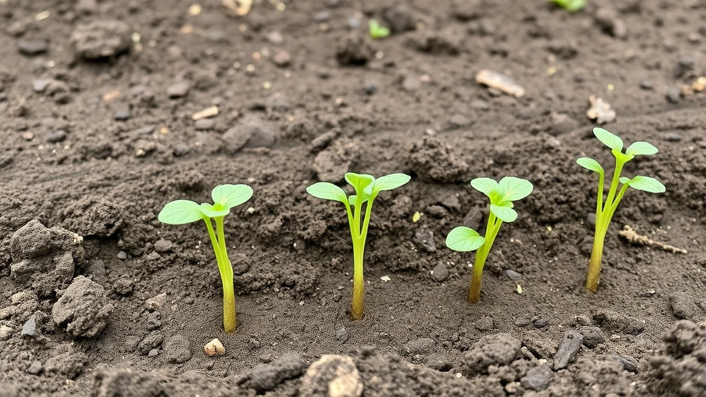Young carrot seedlings emerging from moist soil in a garden bed with proper row spacing, showing first true leaves at 2 inches tall