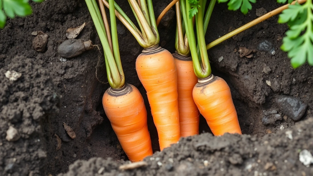 Mature orange carrots partially visible in soil with green leafy tops, showing proper harvest-ready size and healthy root development in garden bed
