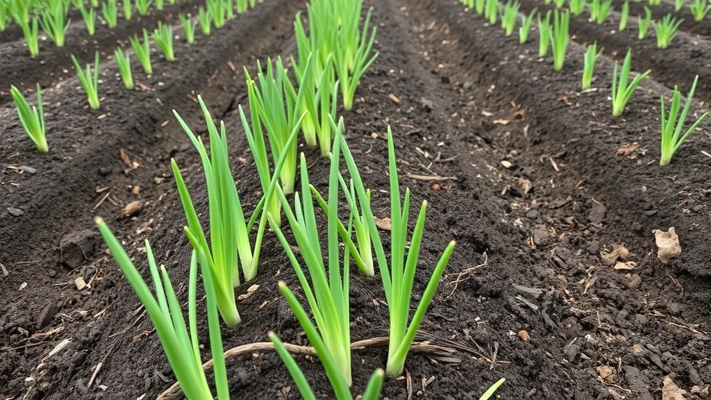 Wide garden bed view showing multiple rows of young onion plants with green shoots emerging from dark soil, mulch applied around plants, healthy growth stage