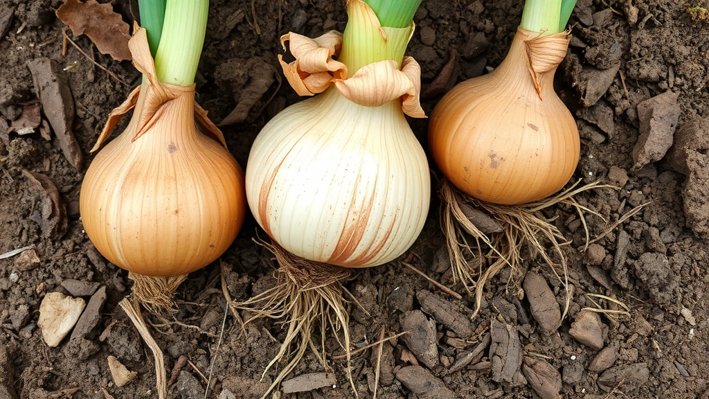 Mature onion bulbs partially visible above soil surface with dried papery tops, ready for harvest, showing proper bulb development and field curing setup