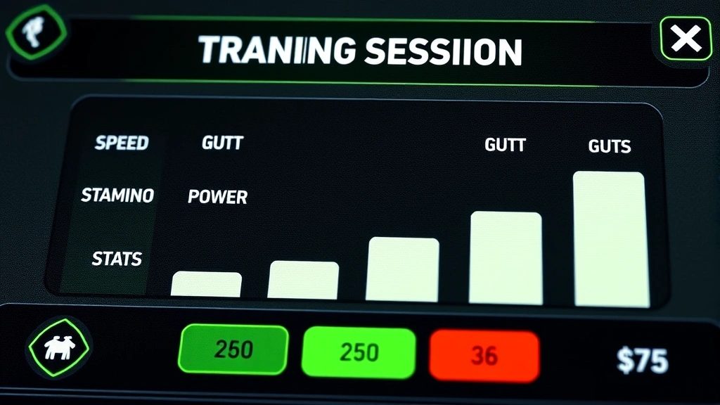 Close-up of a training session interface showing stat progression bars for Speed, Stamina, Power, Guts and Intelligence with numerical values increasing, realistic mobile game design