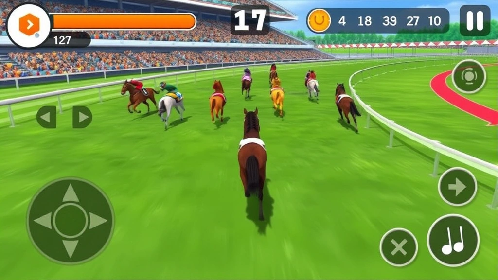 Racing scene from a mobile game showing multiple animated horse characters competing on a track with dynamic movement and speed indicators, realistic game graphics