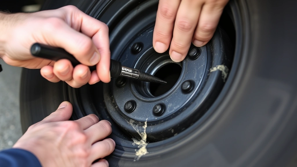 Hands using a reamer tool to clean inside a tire puncture hole, showing the twisting motion and the dark rubber being cleaned, natural daylight on vehicle tire