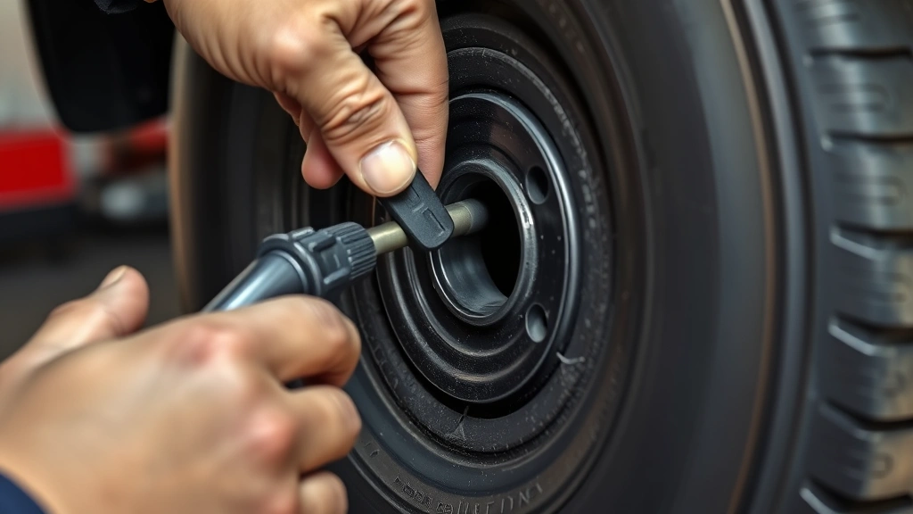Mechanic's hands inserting a rubber plug into a tire puncture using the insertion tool, showing the plug being pushed into the hole with proper technique, professional automotive setting