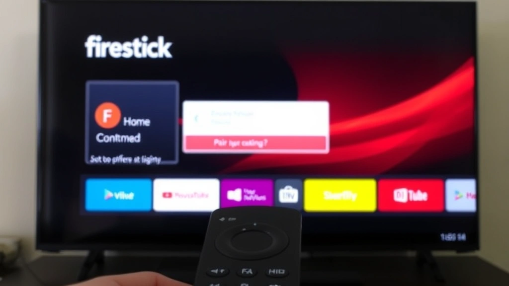TV screen displaying Firestick home menu with pairing confirmation dialog visible, remote in foreground slightly out of focus, clear view of on-screen pairing status message