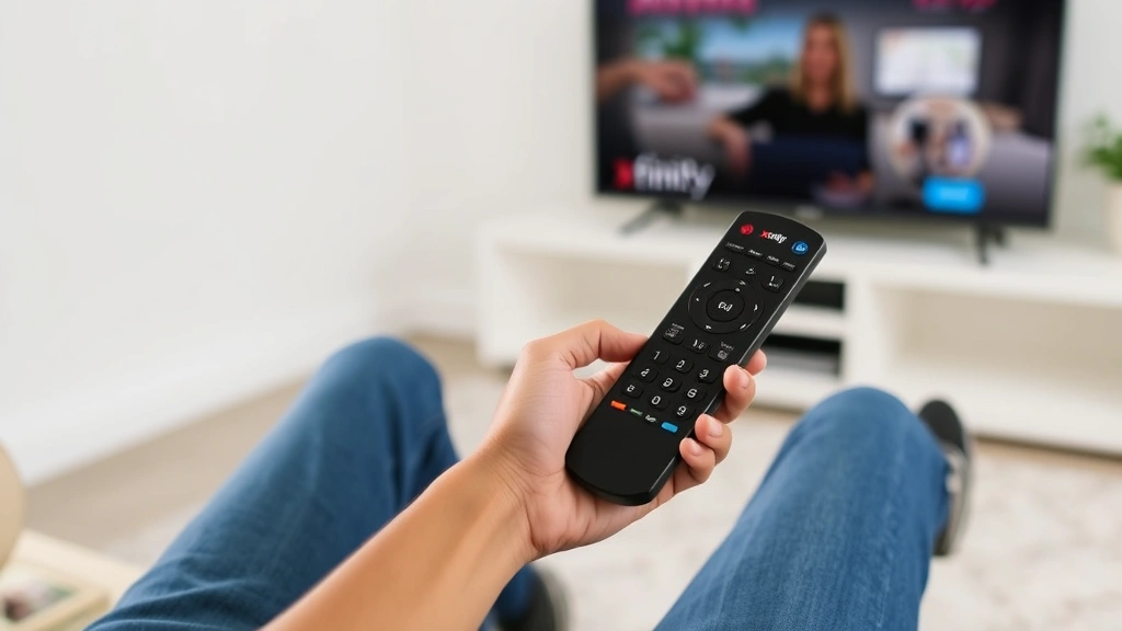 Person sitting on couch holding programmed Xfinity remote with TV and cable box visible in background, demonstrating proper remote positioning and usage