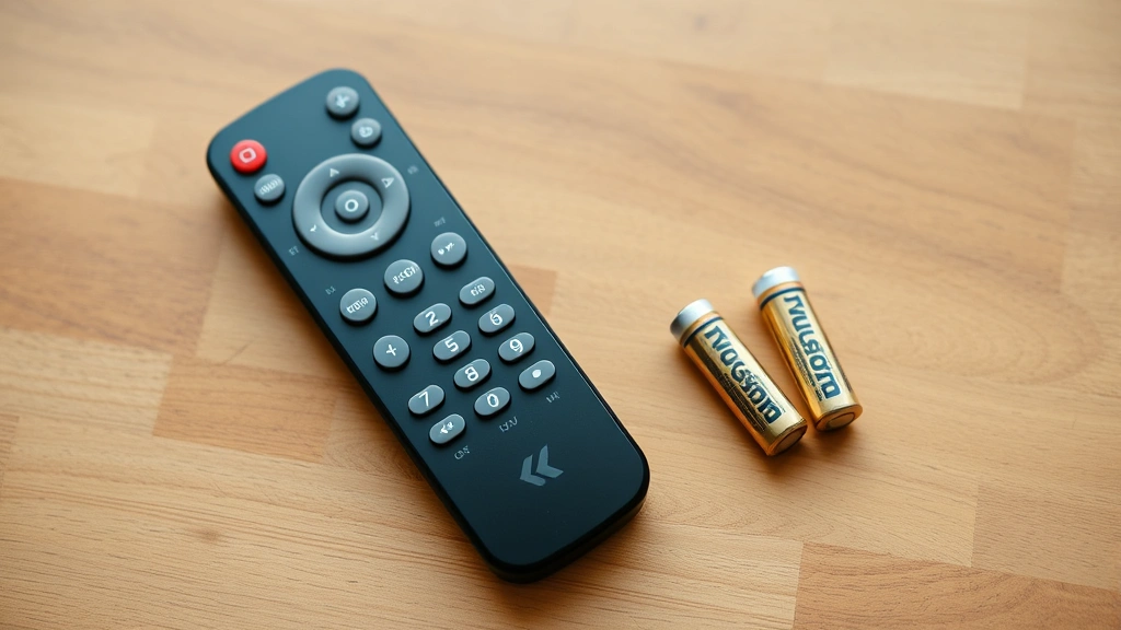 Flat lay of Xfinity remote with fresh AAA batteries beside it on wooden table, showing battery compartment open and correct battery installation orientation