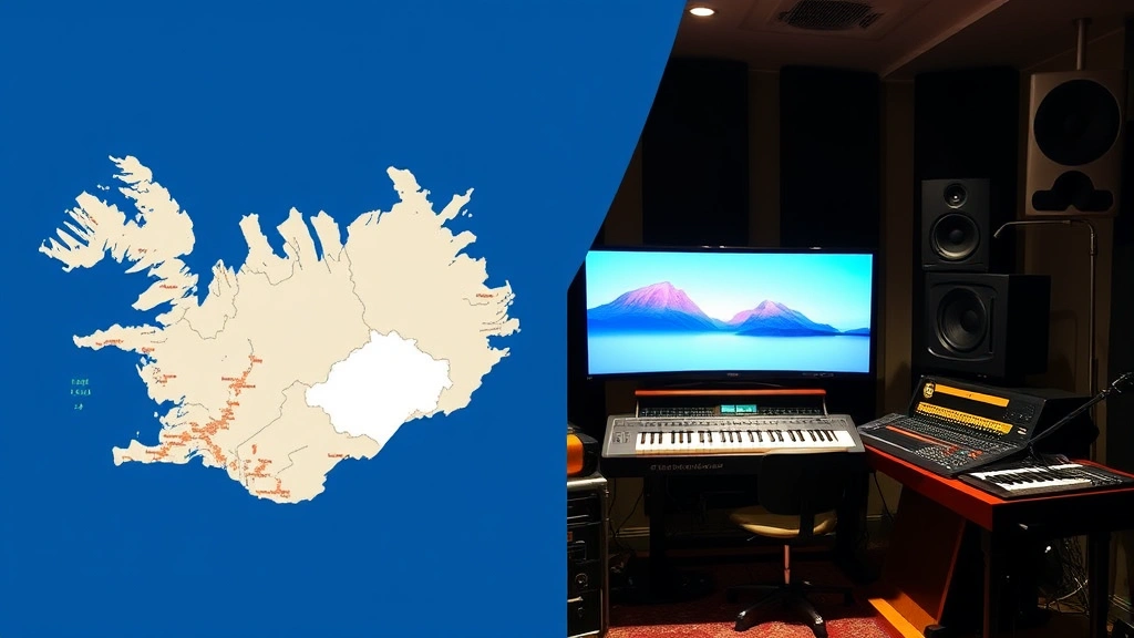Split-screen comparison showing a map of Iceland on one side and musical equipment or recording studio setup on the other, representing Icelandic cultural heritage and music production
