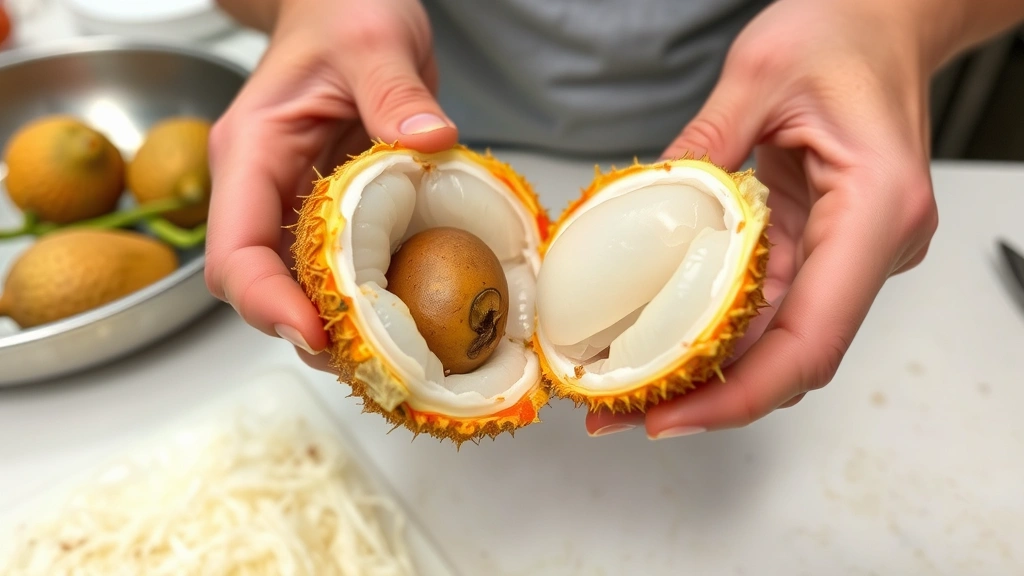 Hands peeling a lychee fruit to reveal translucent white flesh inside, showing the brown seed, food preparation on a clean kitchen counter