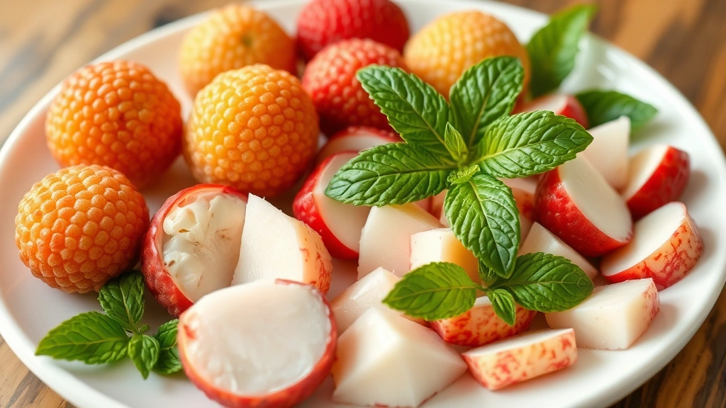 Assorted lychee preparations including whole fruits, peeled fruits, and sliced pieces arranged on a white ceramic plate with fresh mint leaves for garnish
