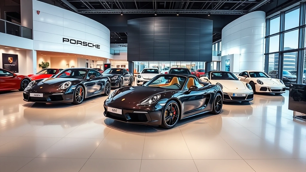 Porsche dealership interior with modern showroom displaying luxury sports cars, sleek design, bright lighting, and professional automotive environment
