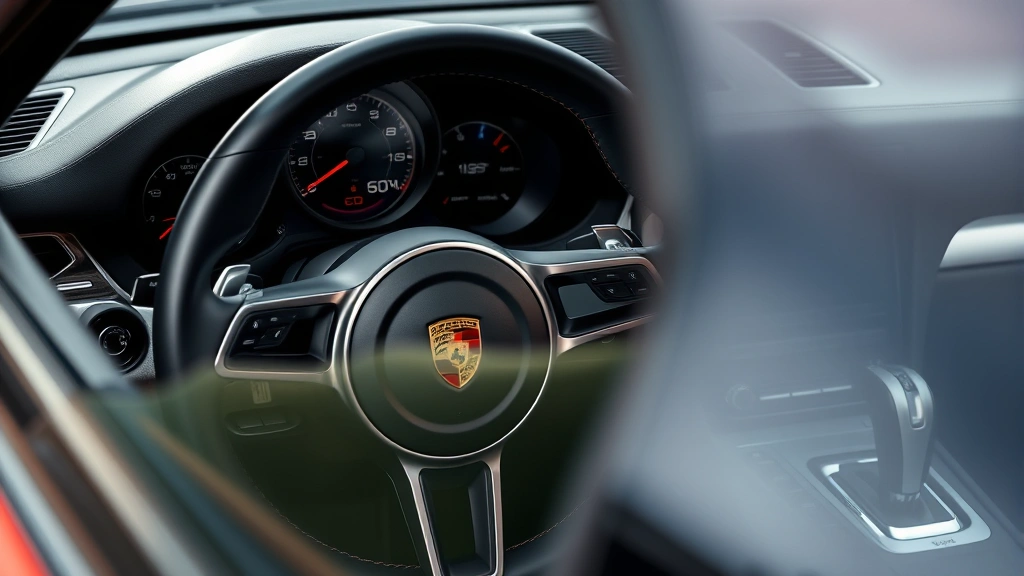 Detailed view of Porsche dashboard and steering wheel inside high-performance sports car, showing precision engineering and German automotive excellence