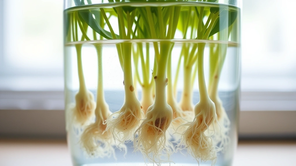 Clear glass jar with transparent rooted plant cuttings showing white root development in filtered water, bright indirect light visible, multiple stems at various rooting stages