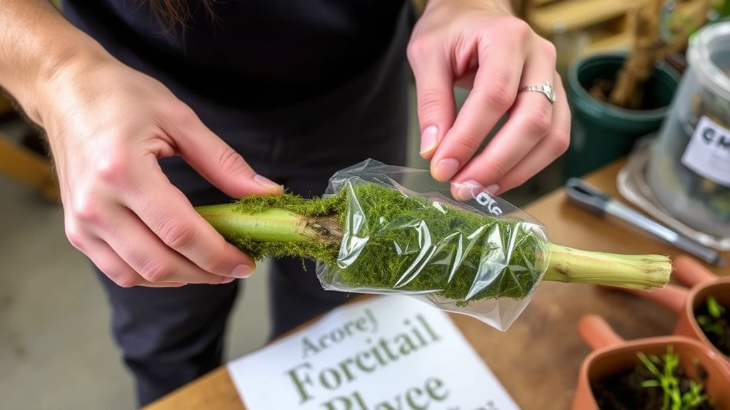 Hands demonstrating air layering technique on rubber tree stem with moist sphagnum moss wrapped in clear plastic, workshop setting with propagation tools visible in background