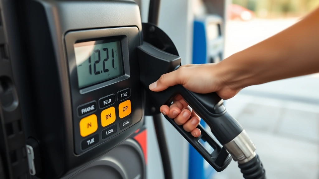 Person using digital air pump at gas station, pressing nozzle firmly onto tire valve stem with pressure display visible on pump screen