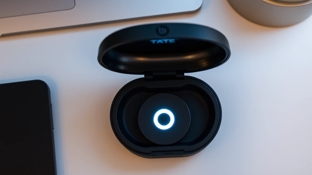 Overhead view of Beats Fit Pro charging case open with pairing button highlighted on back, white LED indicator glowing, modern desk setting