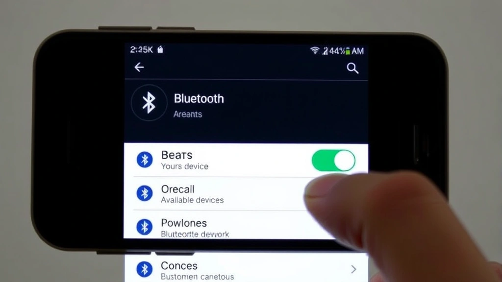 Smartphone Bluetooth settings menu displayed on screen showing Beats device in available devices list, finger about to tap connection, clean minimal background