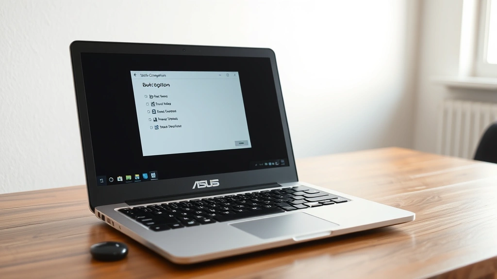 ASUS notebook on wooden desk with Windows system configuration dialog box displayed on screen, showing boot options menu clearly