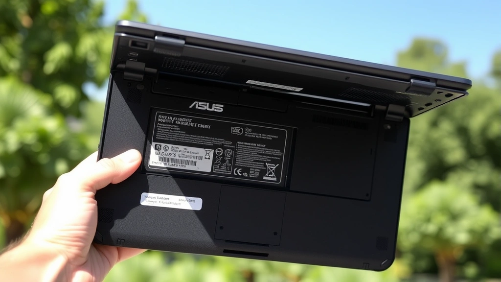 Person holding ASUS laptop with battery compartment open on underside, showing internal battery and removal process in natural lighting