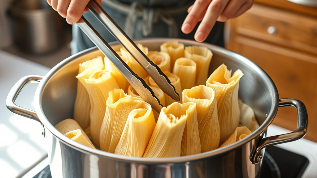 Hands using tongs to arrange tamales upright in a metal steamer insert inside a large stainless steel pot, husks visible, bright kitchen lighting