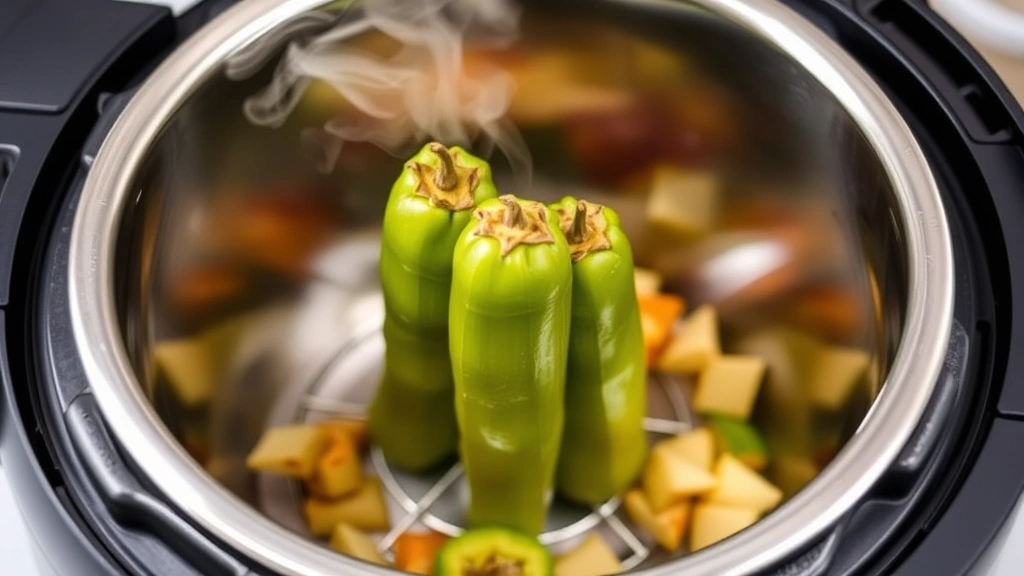 Open Instant Pot showing tamales standing upright on metal trivet, steam rising, clear view of the cooker's interior with food inside