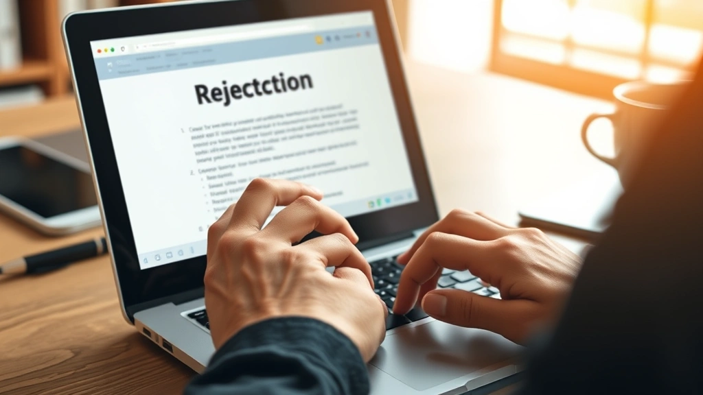 Close-up of hands typing a professional rejection email on a laptop keyboard, warm office lighting, coffee cup nearby on desk, focused and composed atmosphere