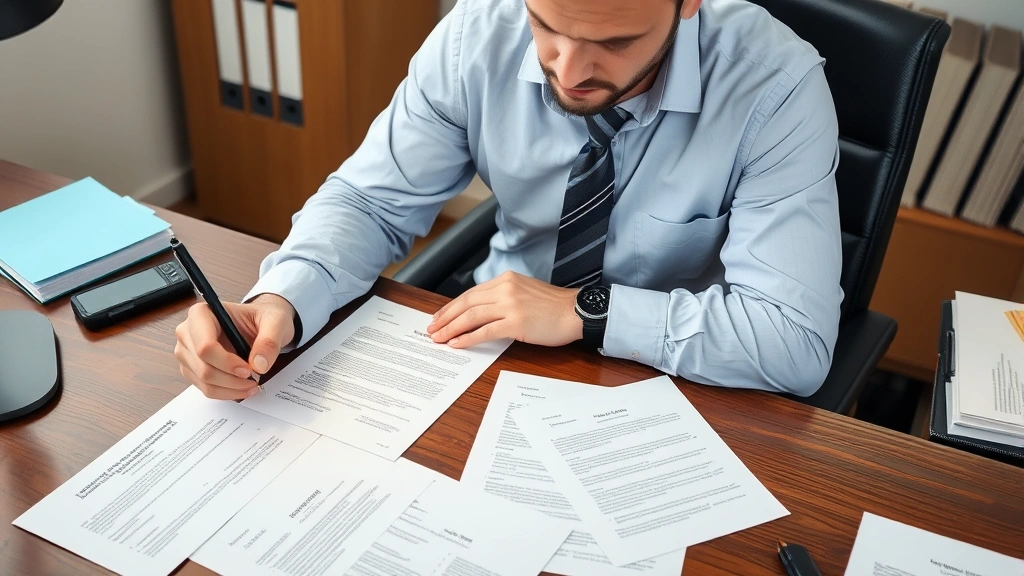 Man in business casual attire reviewing documents at a desk with multiple job offer letters spread out, considering options carefully with a pen in hand, contemplative expression, organized workspace