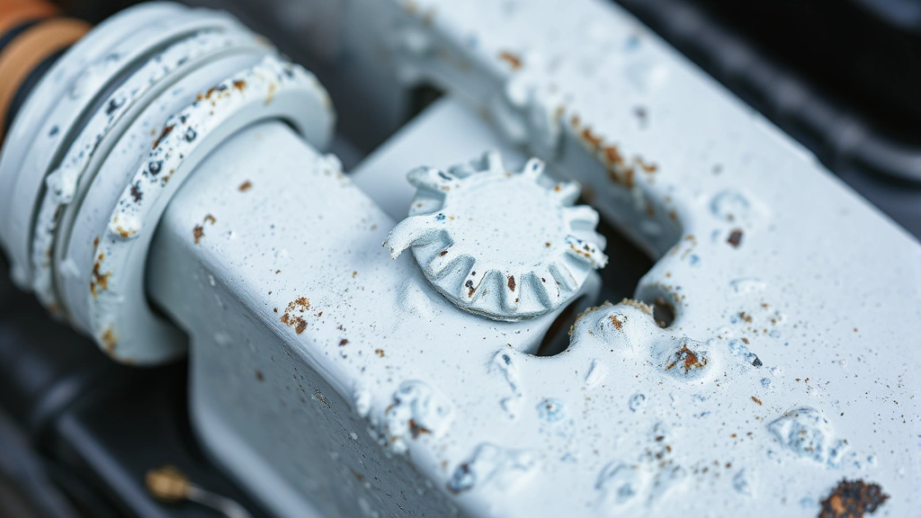 Close-up of white and blue battery terminal corrosion on a car battery post with cable clamp, showing crusty buildup texture