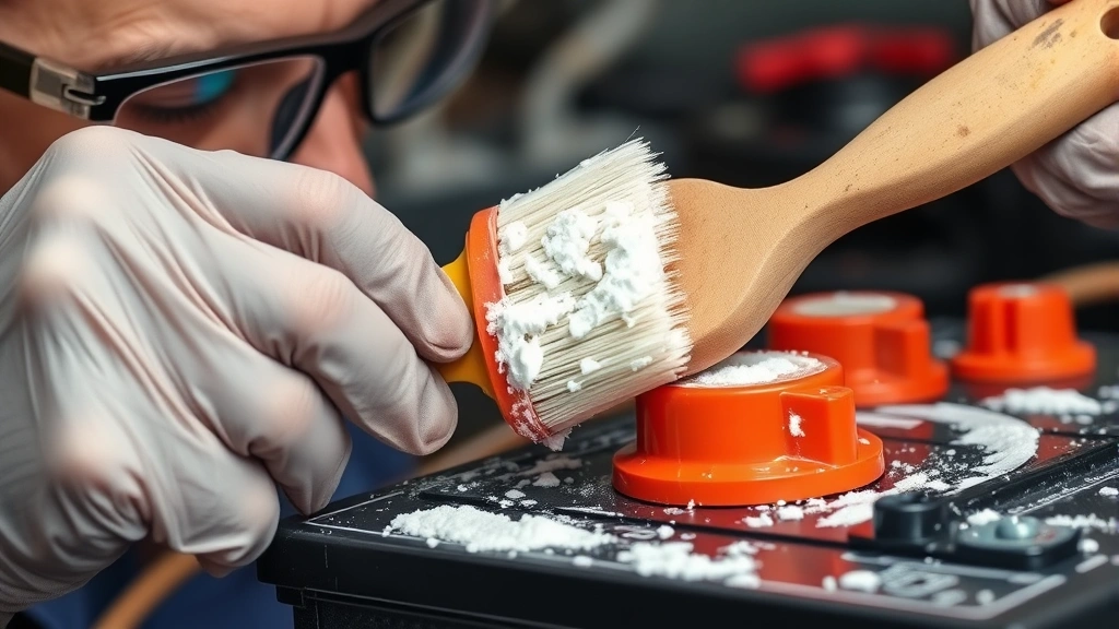 Person wearing safety glasses and gloves using a soft-bristled brush to scrub corrosion from a battery terminal with baking soda paste solution