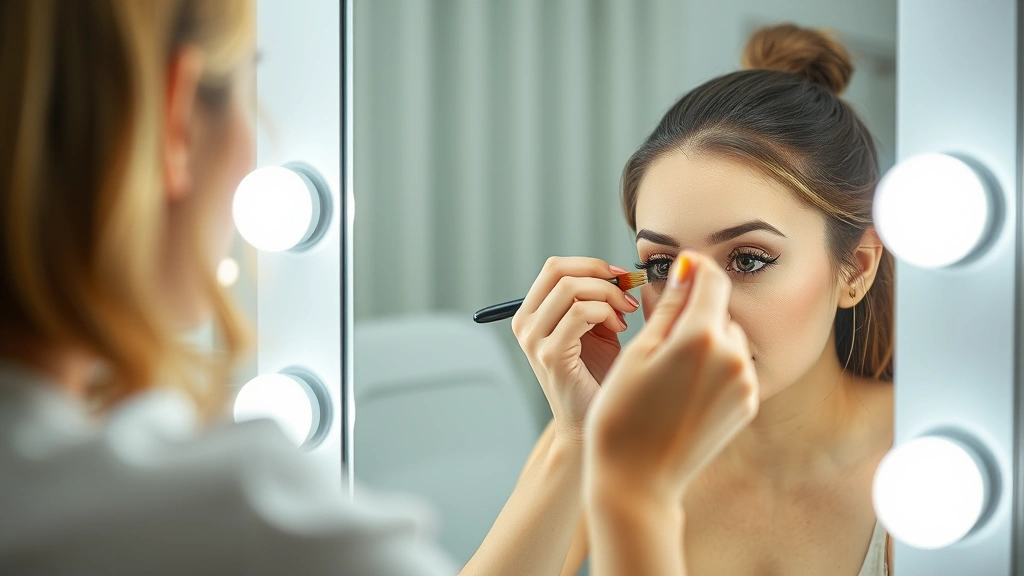 Person sitting at vanity mirror with focused expression, carefully using oil-soaked brush on eyelash extensions in good lighting