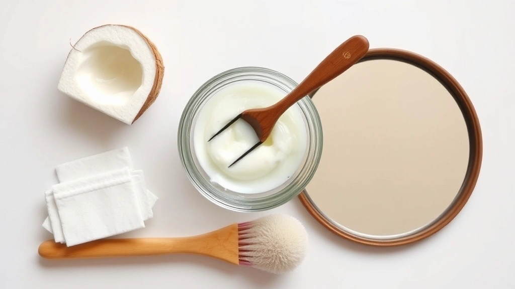 Overhead view of removal supplies arranged neatly: coconut oil in glass bowl, clean spoolie brush, cotton pads, and mirror on white surface