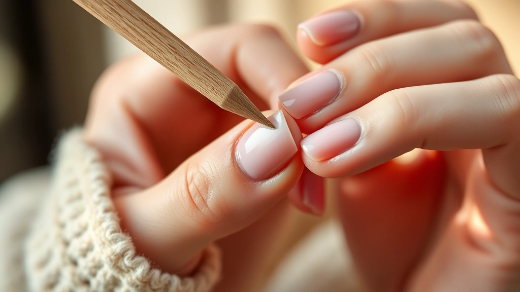Detailed shot of someone gently using a wooden cuticle pusher to lift softened gel polish from a nail, showing proper technique with supporting hand position, warm natural light