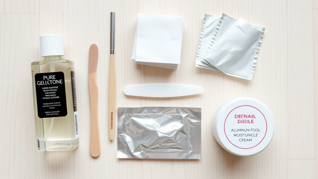Flat lay of gel polish removal supplies arranged neatly including pure acetone bottle, coarse nail file, cotton pads, aluminum foil squares, wooden cuticle stick, and moisturizing cream on a light wood surface