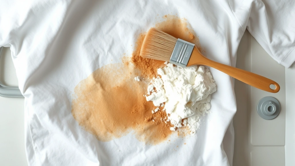Overhead view of white cotton garment with brown grease stain being treated with baking soda paste, showing powder application with soft brush on laundry room counter