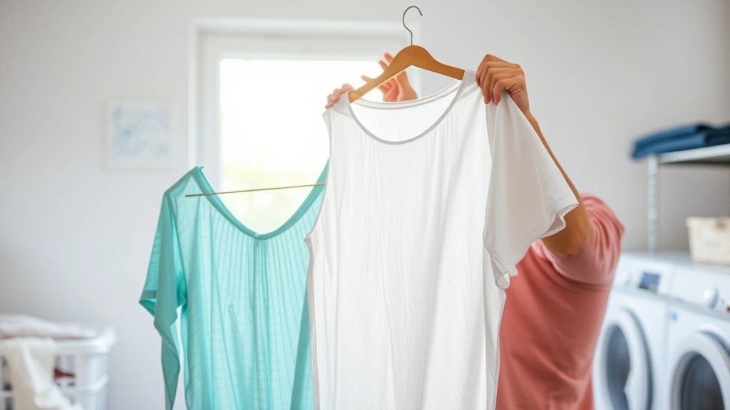 Person checking dried garment for remaining stains before washing, holding white fabric up to natural window light in bright laundry room setting