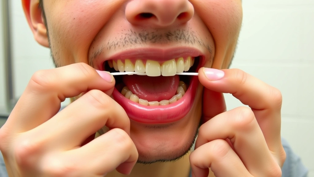 Person flossing between teeth with traditional dental floss, showing proper C-shaped technique around tooth, hands clearly visible in bathroom setting