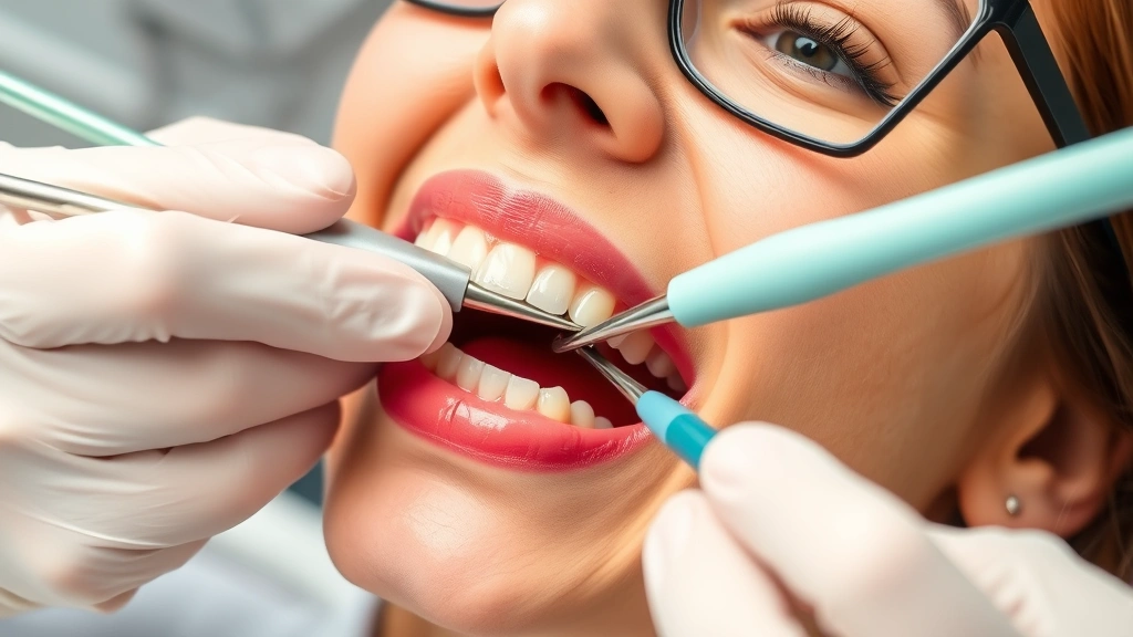 Dentist performing professional plaque and tartar removal with specialized scaling instruments on patient's teeth, showing professional cleaning procedure
