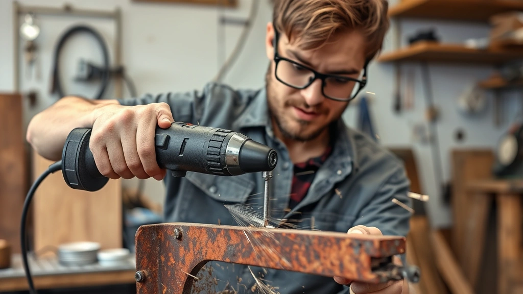 DIY enthusiast using cordless drill with wire wheel attachment on rusted metal workpiece in home workshop, safety glasses visible, metal shavings flying