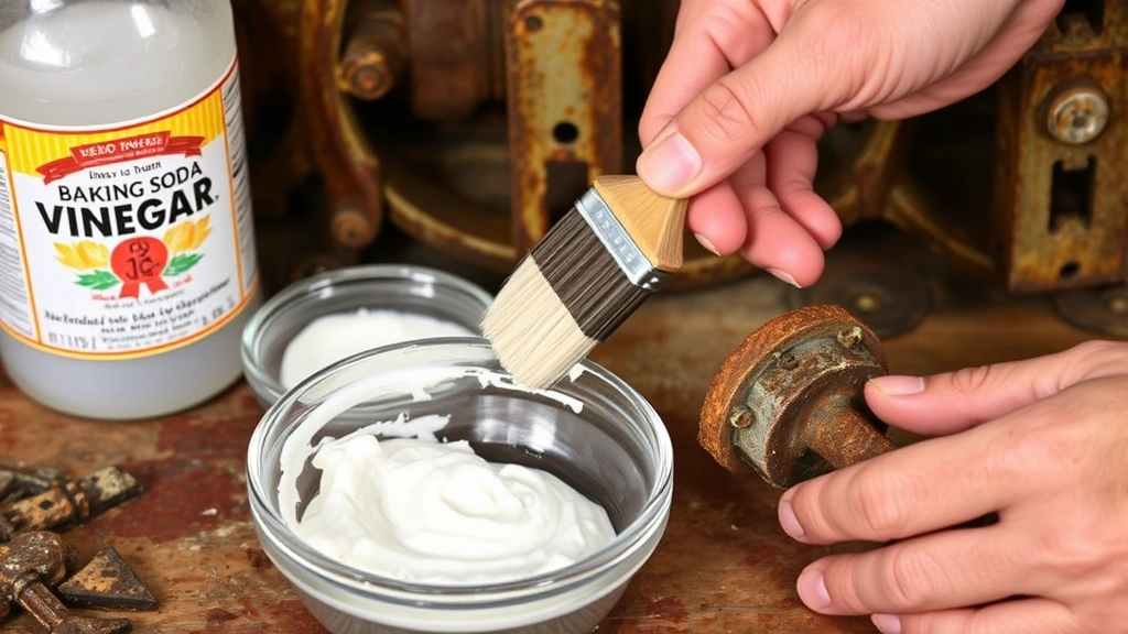 Hands applying vinegar solution to rusty metal item with brush, baking soda paste nearby in small bowl, white vinegar bottle visible, rust-covered hardware in background
