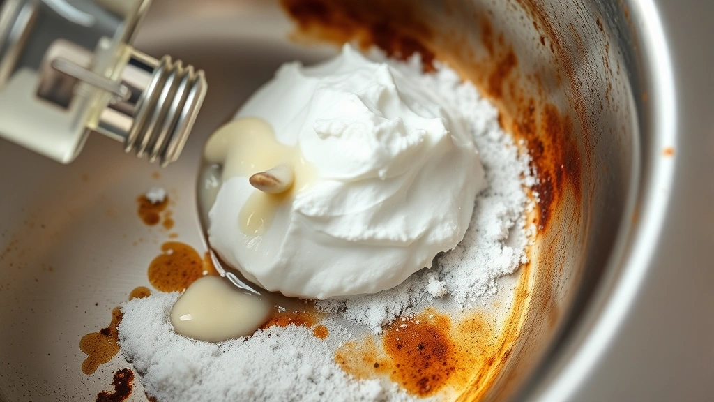 Close-up of white vinegar and baking soda paste applied to rust spots on stainless steel sink surface, showing the fizzing reaction between acid and base, soft natural lighting
